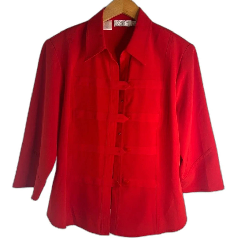 Kathy Che Stretch Power Red‎ 1/2 Sleeve Tab Button Front Blouse Sz 14